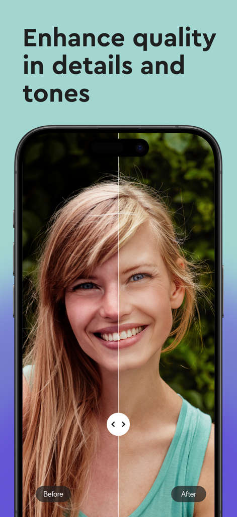 AfterShot - AI photo editor - A side-by-side comparison of a woman's portrait showing Before and After AI enhancement for details and tones
