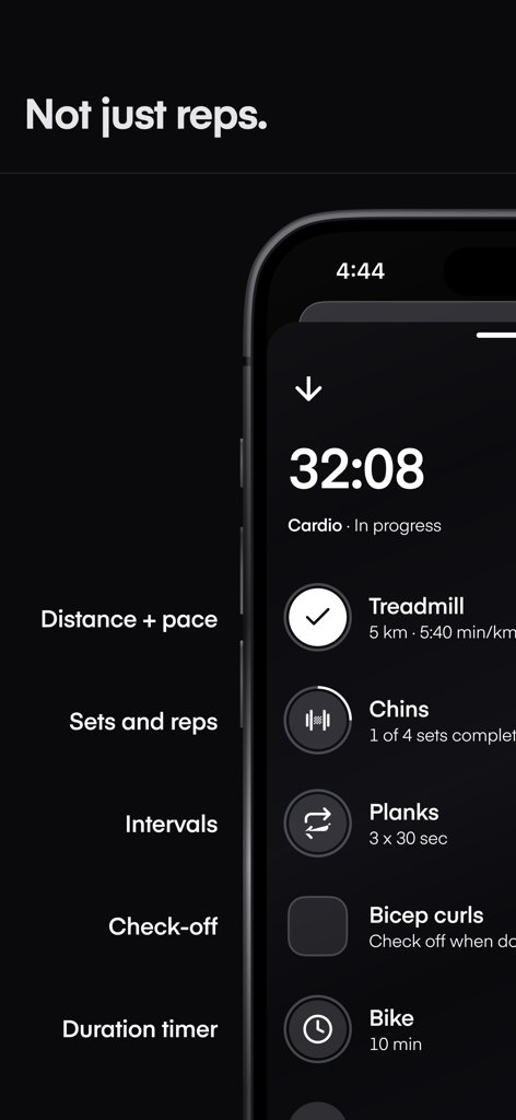 Dropset: Gym tracker - A smartphone displaying the Dropset gym tracker app interface with various workout logs including treadmill runs chin ups and planks.