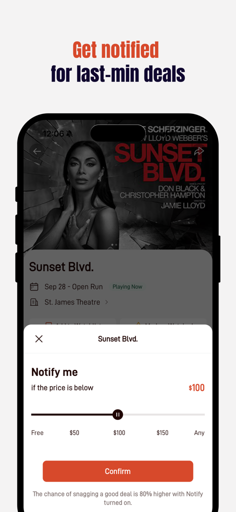 Theatr - Buy/Sell Last-Min Tix - Theatrアプリのインターフェース。直前演劇チケットの価格通知設定が表示されています。