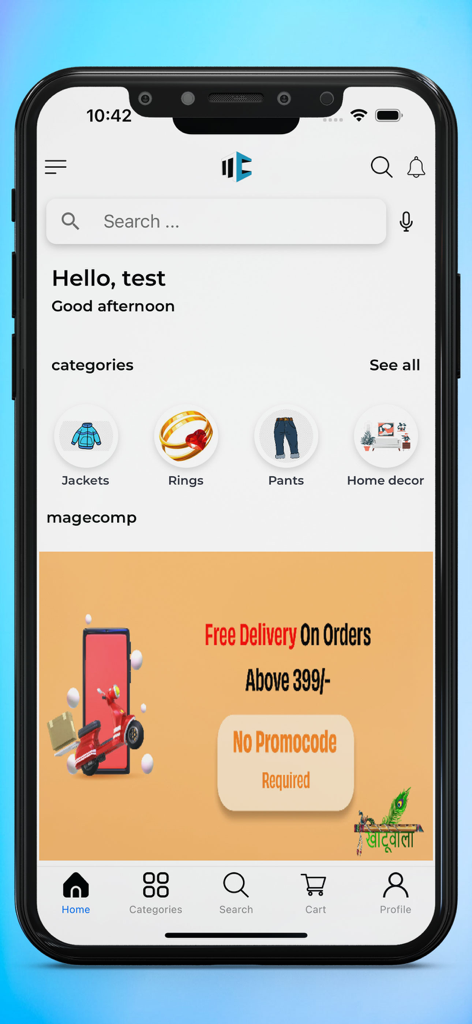 Mobile App Builder for Shopify - 商品カテゴリとプロモーションバナーを掲載したShopifyモバイルアプリのホーム画面インターフェース