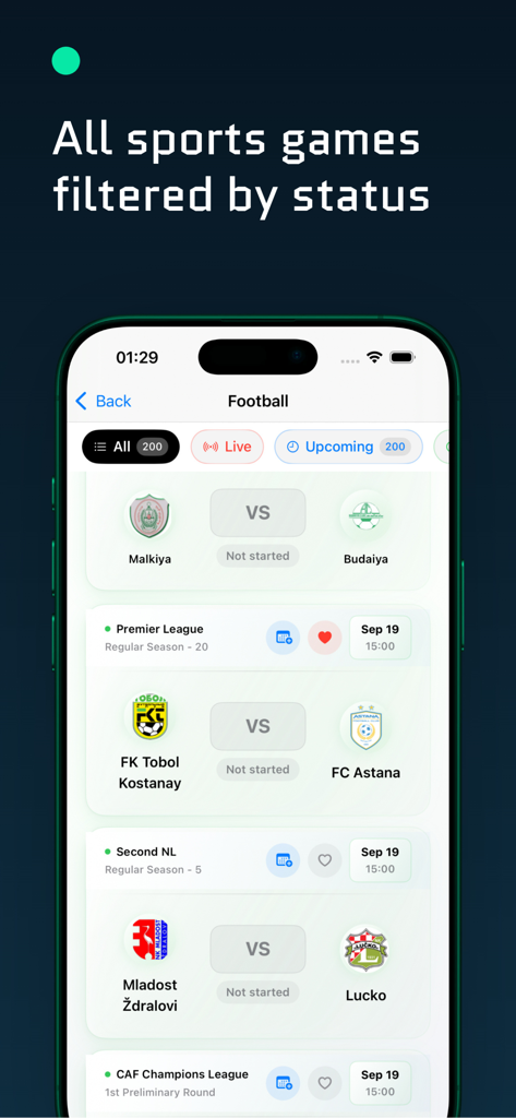 The Darato - Live Sport Scores - The Darato mobile app interface displaying a list of soccer matches with filters for live and upcoming games plus calendar and favorite icons