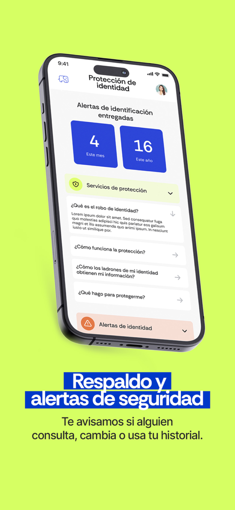 Dashboard dell'app Dumbo Credit che mostra lo stato della protezione dell'identità e avvisi di sicurezza in spagnolo