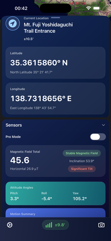 Sensnap app dashboard showing precise latitude longitude and magnetic field sensors at Mt Fuji