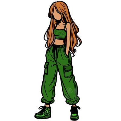 girl in baggy pants crop top and long hair