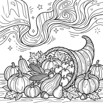 Dive into a unique blend of celestial beauty and autumnal abundance with this captivating coloring page. Featuring a magnificent cornucopia brimming with Thanksgiving harvest goodies beneath a mystical green aurora, it offers a truly magical coloring experience.