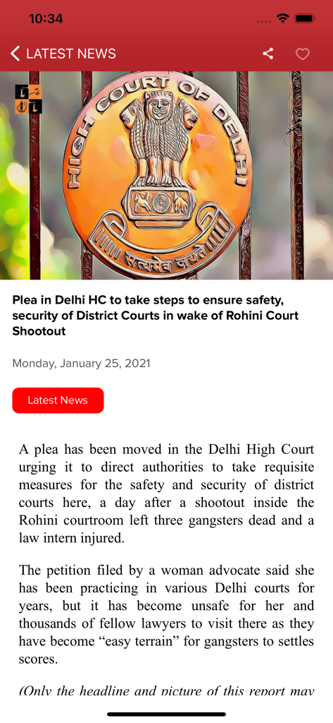LatestLaws - LatestLawsモバイルアプリ。デリー高等裁判所に関する法律ニュース記事が表示されています。