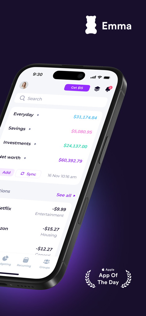 Emma budget planner app interface showing account balances and net worth tracking on a smartphone