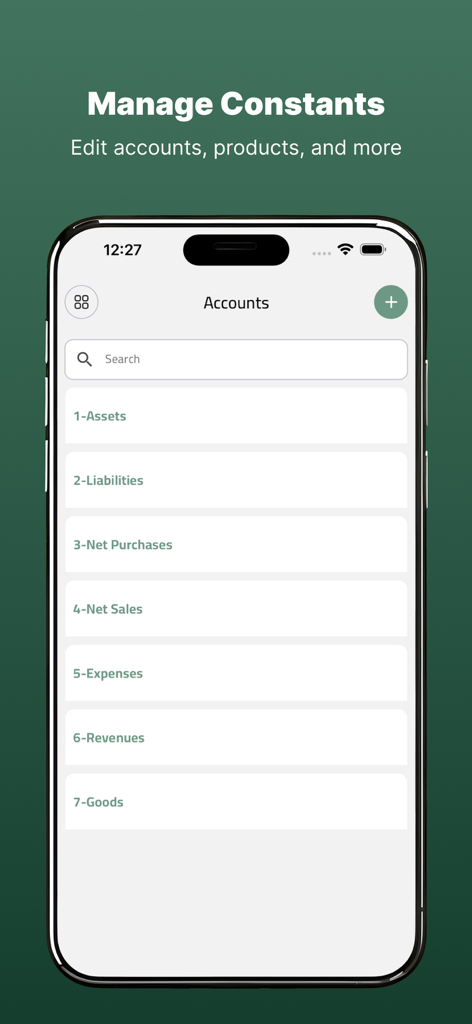 Xtra Go - Gerenciar categorias de contas como ativos e passivos na interface do aplicativo de contabilidade Xtra Go.