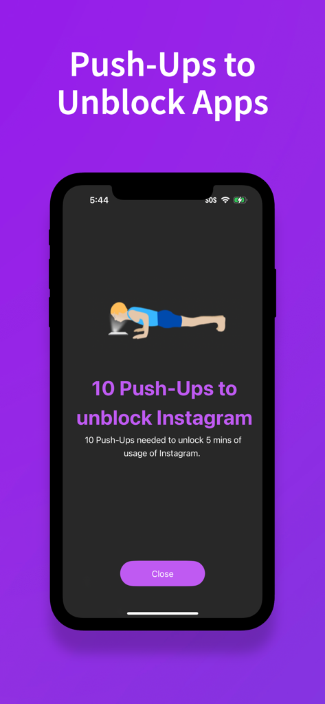 StepBloc: Screen Time Blocker - StepBloc app interface showing a requirement of 10 pushups to unblock Instagram for five minutes