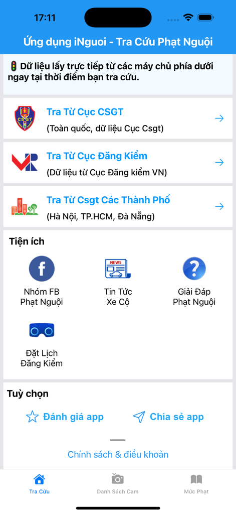 A tela inicial do aplicativo iNguoi com opções de busca para multas de trânsito de várias autoridades vietnamitas