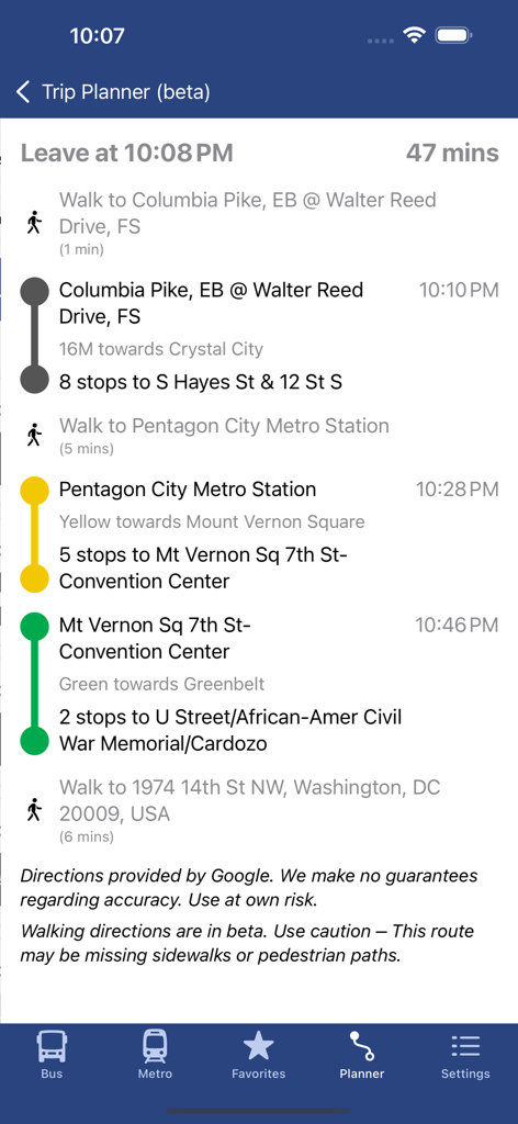 Trip planner screen showing a detailed transit route with walking bus and metro directions in Washington DC