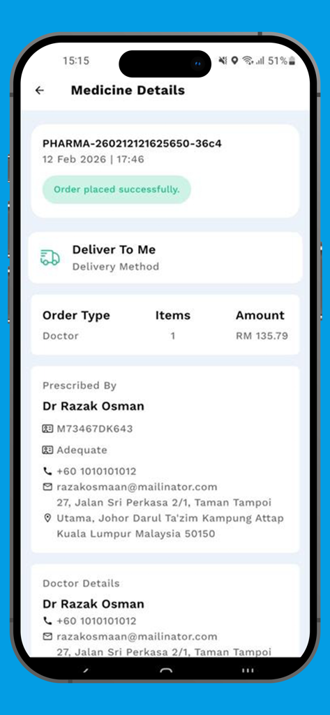 TeleCure - TeleCure app screen showing medicine order details and prescription confirmation from a doctor