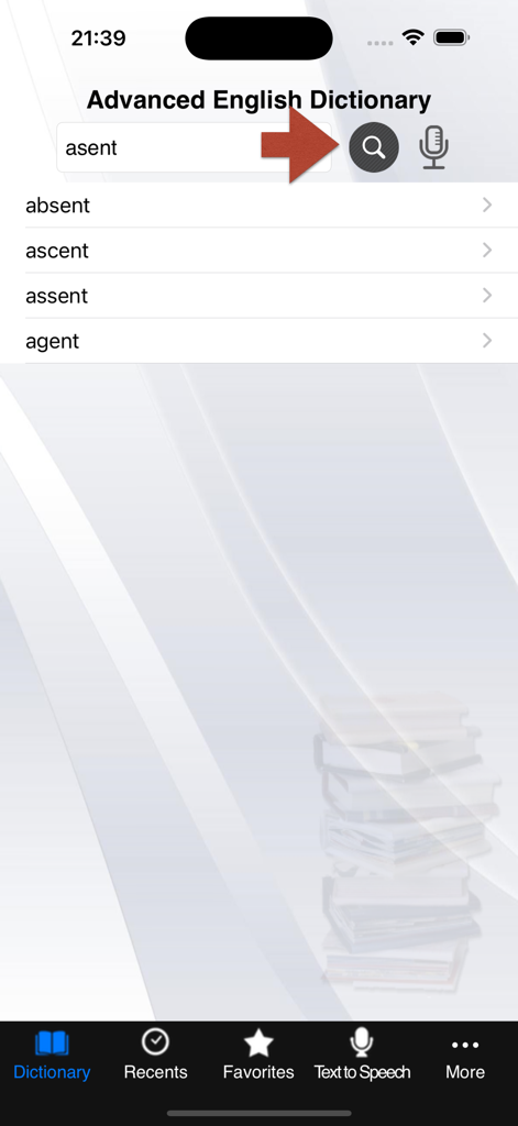 Advanced English Dictionary interface showing fuzzy search results for the misspelled word asent
