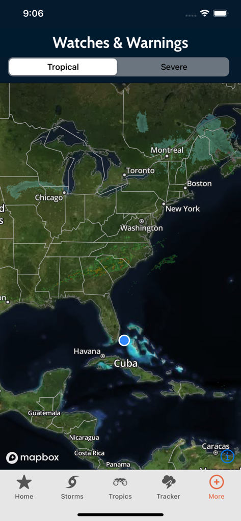 Max Tracker Hurricane WPLG - Max Tracker Hurricane app showing tropical and severe weather warnings on a map