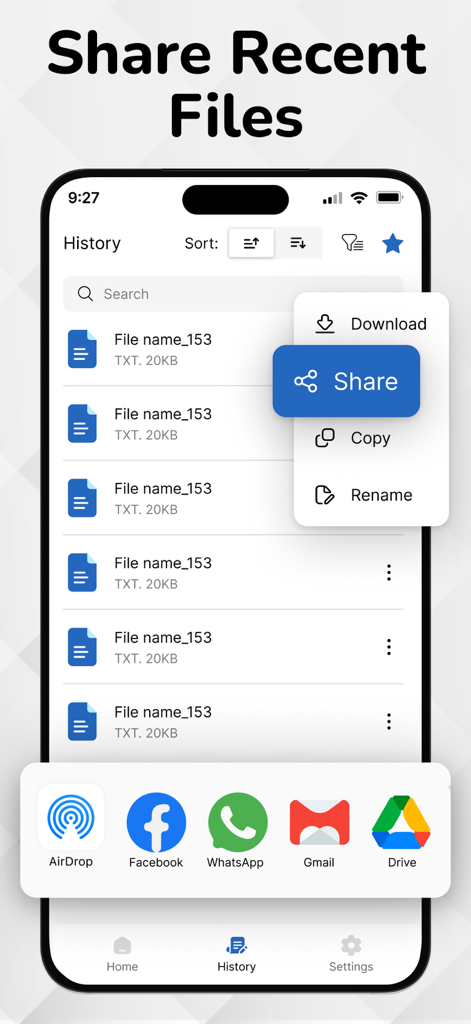 A mobile app interface showing a list of recent files and a sharing menu with options like AirDrop and Gmail