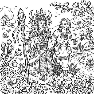 Step into a vibrant fantasy world with this enchanting Orc Shamans Spring coloring page. Explore a scene where powerful spiritual guides wander amidst blooming flowers and the fresh beauty of a new season.