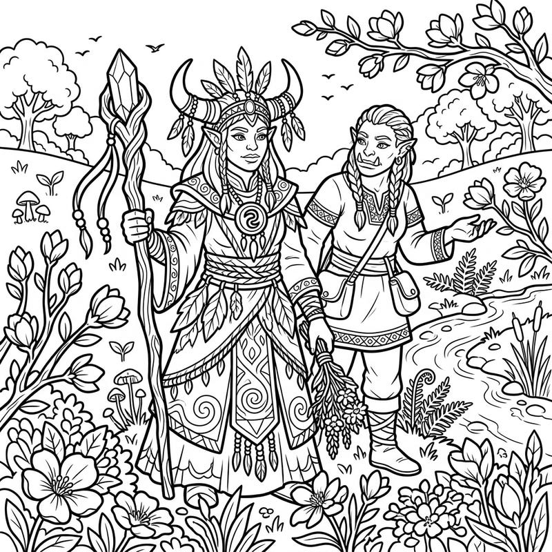 Step into a vibrant fantasy world with this enchanting Orc Shamans Spring coloring page. Explore a scene where powerful spiritual guides wander amidst blooming flowers and the fresh beauty of a new season.