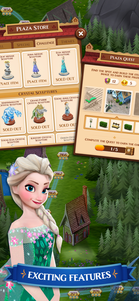Elsa character standing in front of Arendelle Plaza store and quest menus showing collectible sculptures