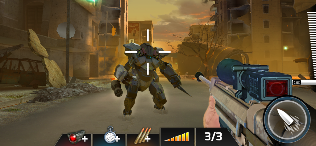 Kill Shot Bravo: Sniper Games - First person sniper view aiming at a giant combat mech in a war-torn city