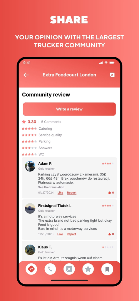 Truckfly - Truck GPS - Ein Bildschirm aus der Truckfly-App, der Community-Bewertungen und Ratings für einen LKW-Stopp mit Feedback von Berufsfahrern zeigt.