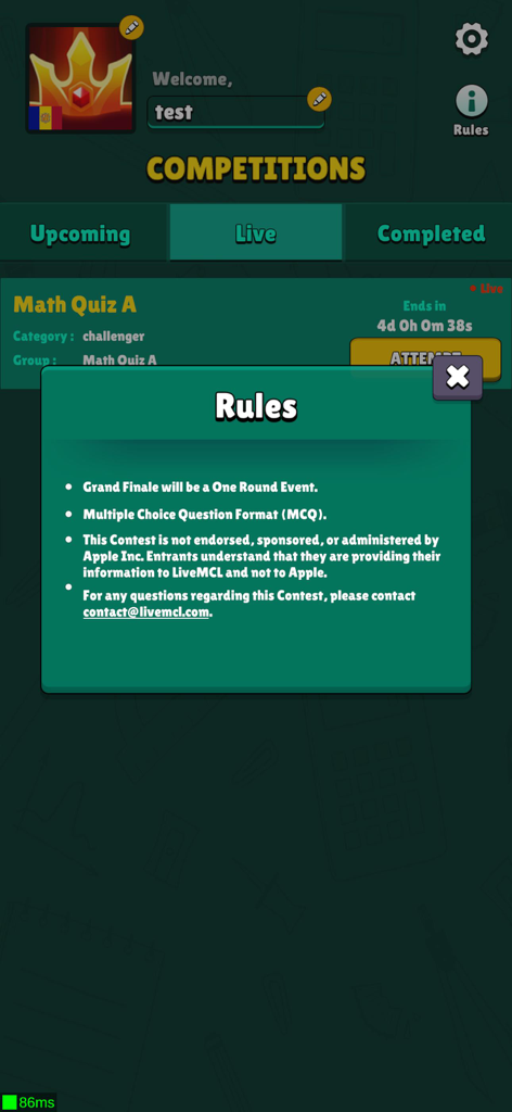 Arena by Live MCL - Rules pop up for a live math competition in the Arena by LiveMCL app