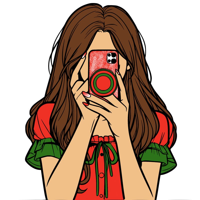 a realistic girl holding her phone taking pictures