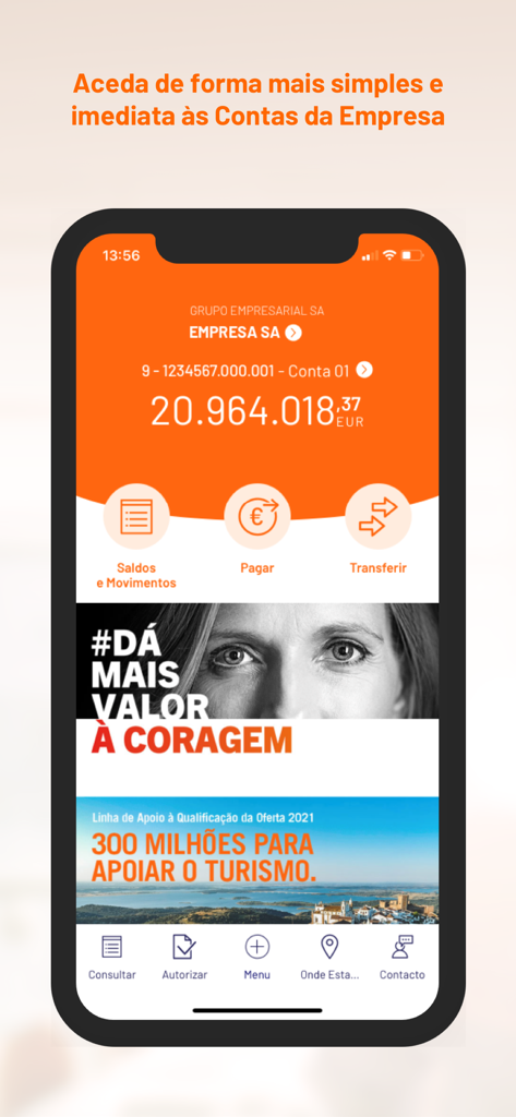 Painel do aplicativo móvel BPI Empresas exibindo saldo da conta corporativa e recursos de gerenciamento financeiro