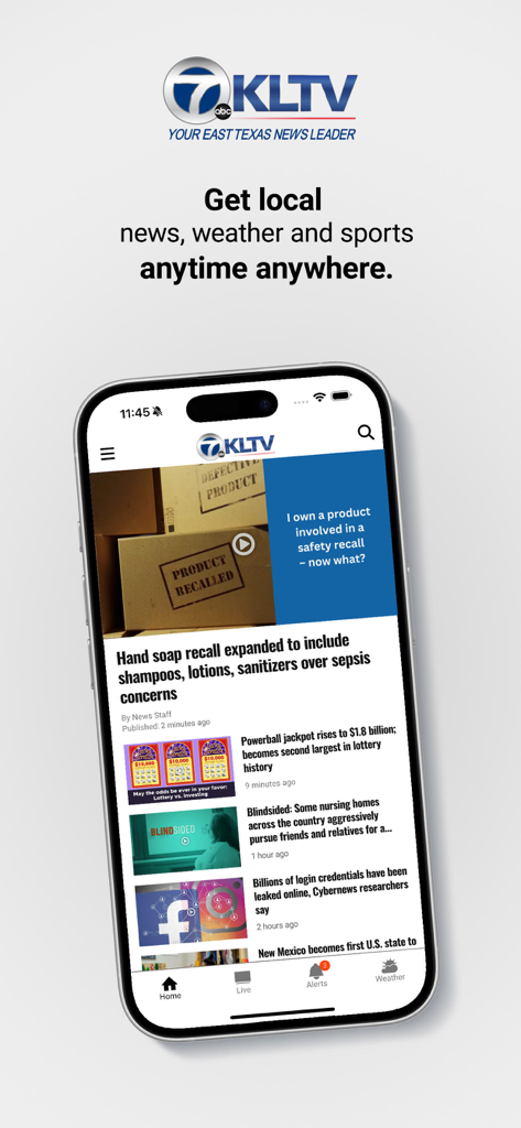 KLTV 7 East Texas News - Smartphone displaying the KLTV 7 East Texas News app with local news headlines