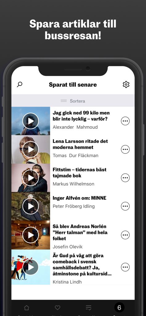 Vi - The saved articles screen in the Vi news app showing a list of cultural reportage pieces with audio play buttons