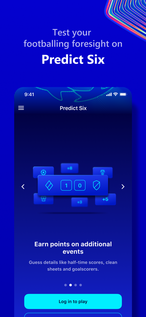 Predict Six feature in the UEFA Gaming app for football score and event predictions