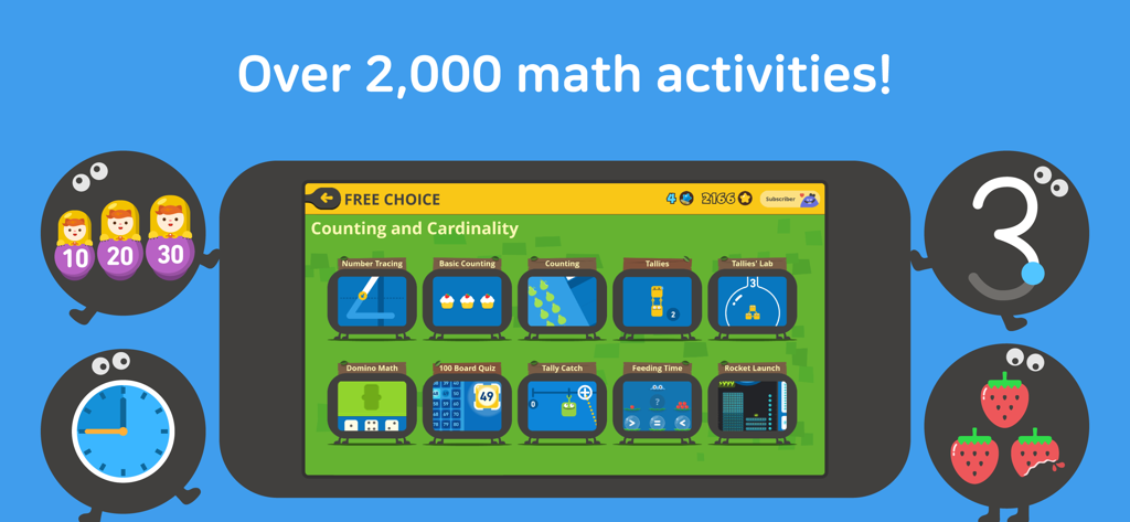 Todo Math - Todo Math 앱 인터페이스는 어린이들을 위한 숫자 세기 및 관련성 활동 메뉴를 보여줍니다.