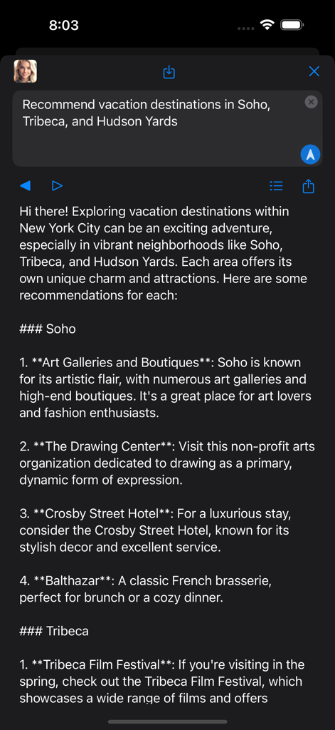 Jen-AI app interface showing a chat with the AI assistant providing travel recommendations for Soho and Tribeca in New York City.