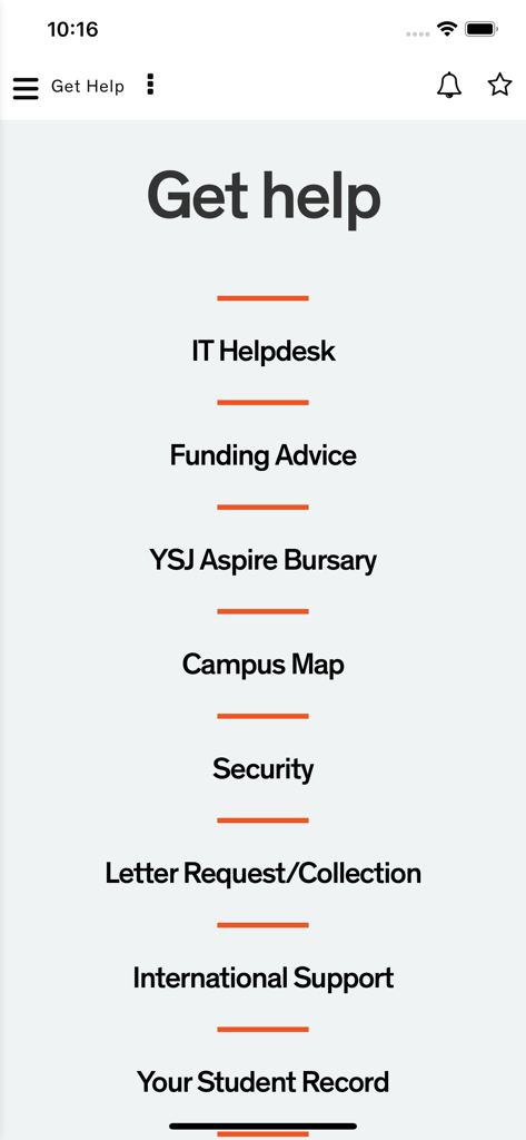 A list of student support services in the MyYSJ app including IT Helpdesk, Funding Advice, and Campus Map