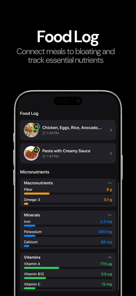 Mobile interface of the bloater ai food log and micronutrient tracking dashboard showing meal entries and vitamin levels
