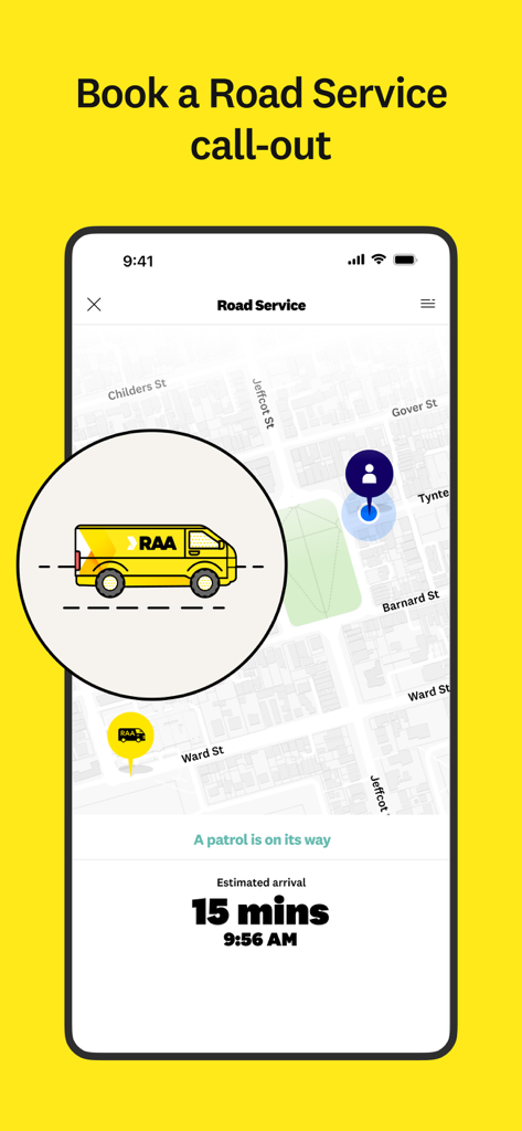 RAA mobile app screen showing real-time tracking of a road service patrol vehicle on a map with a fifteen minute estimated arrival time.