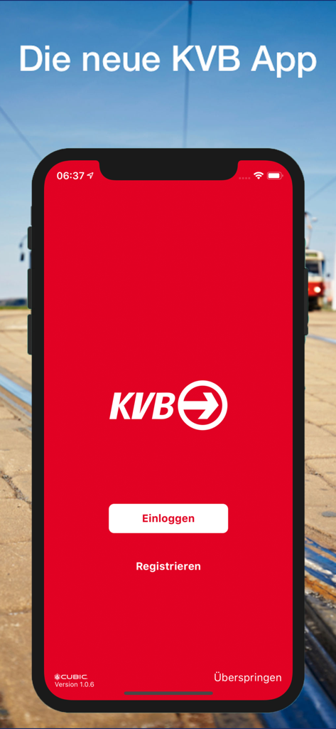 The login screen of the KVB app for Cologne public transport showing options to login or register