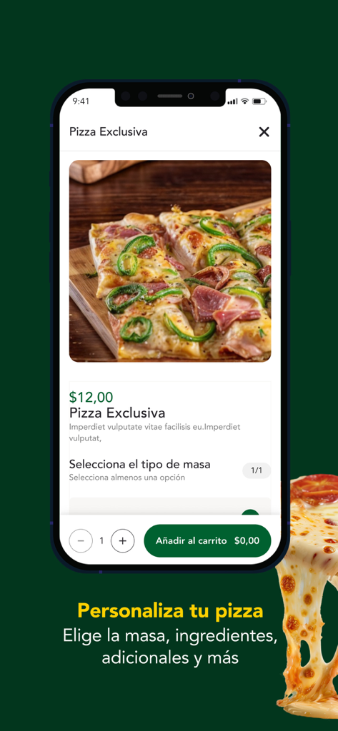 El Hornero Ecuador - Mobile app interface for El Hornero Ecuador showing a pizza customization and ordering screen