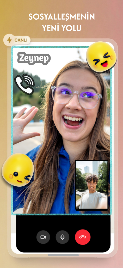 Nasip - Görüntülü Sohbet - Interface do aplicativo Nasip mostrando uma chamada de vídeo ao vivo entre dois usuários com texto em turco declarando a nova forma de socializar