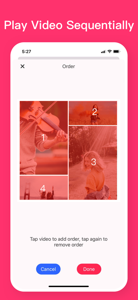 Video Collage App - モバイル画面に、コラージュでのビデオ再生順序を設定するためのVidGridインターフェースが表示されている。