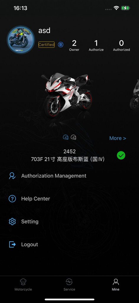 ZONTES Smart - Schermata del profilo utente e gestione moto dell'app mobile ZONTES Smart.