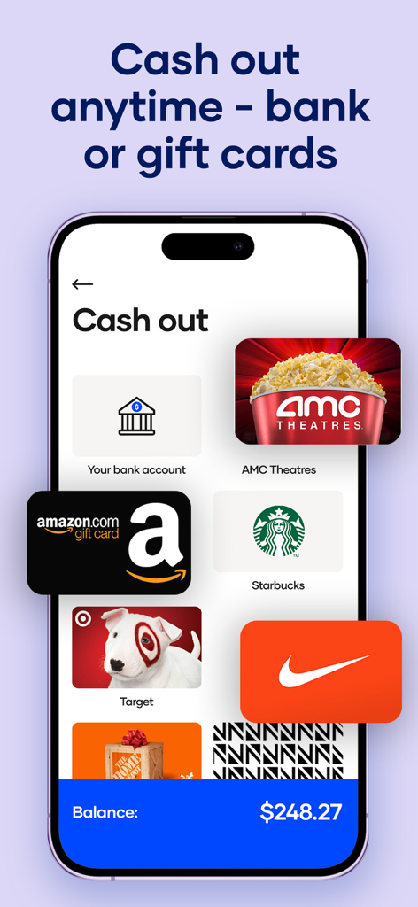 Pantalla de la aplicación Upside que muestra opciones de retiro, incluyendo transferencias bancarias y tarjetas de regalo para Amazon, Starbucks y Target.