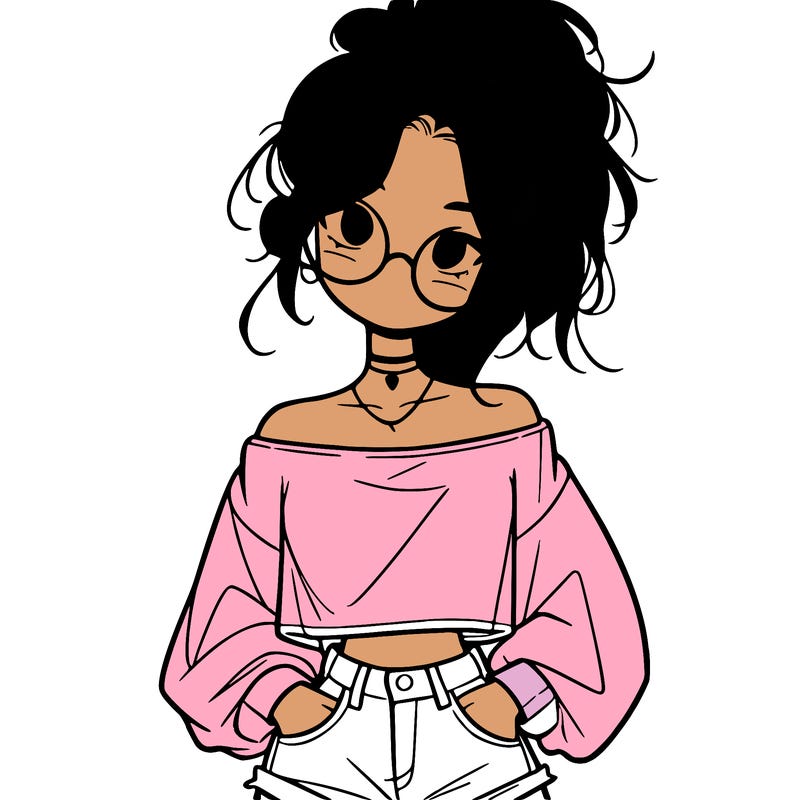 girl with a messy ponytail glasses a baggy crop top and jean shorts