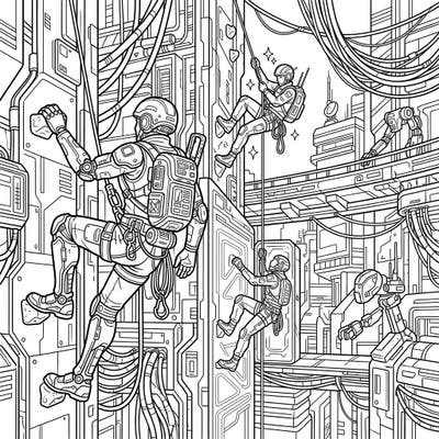 Dive into an action-packed world where rock climbers ascend the dizzying heights of a cyberpunk metropolis. This unique coloring page combines human resilience with futuristic technology, perfect for an engaging artistic challenge.