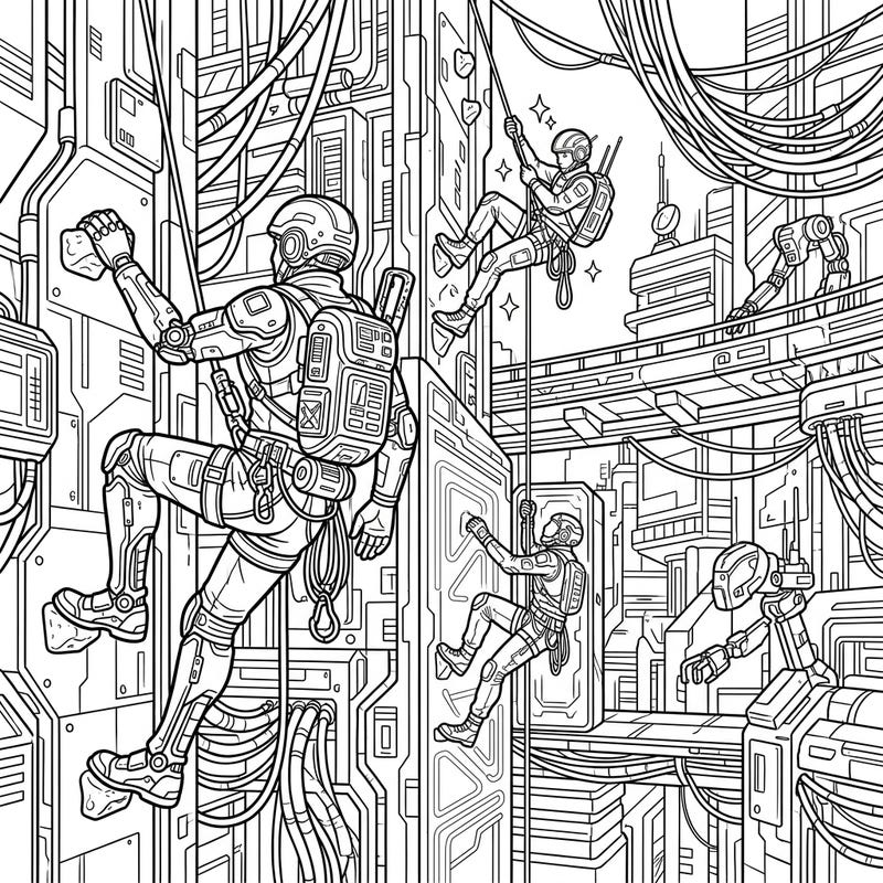 Dive into an action-packed world where rock climbers ascend the dizzying heights of a cyberpunk metropolis. This unique coloring page combines human resilience with futuristic technology, perfect for an engaging artistic challenge.