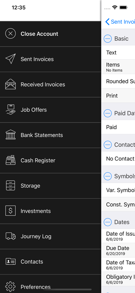 Side menu of UctoX 2 app showing finance features like invoices bank statements and journey log