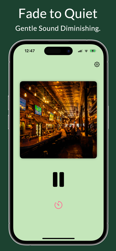 Fade Out White Noise - Benect - Fade Out White Noise app interface with coffee shop background and fade to quiet timer