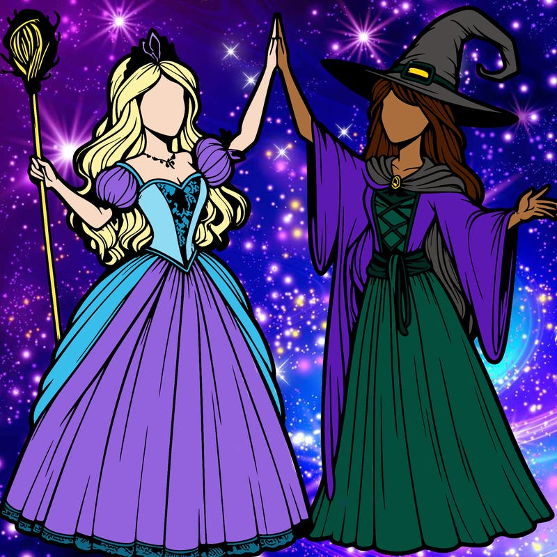 detailed realistic split of a princess and a witch