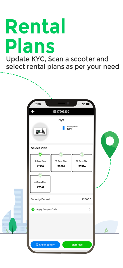 Zypp app interface displaying various electric scooter rental subscription plans