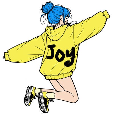 realistic girl jumping with a bun and oversized sweatshirt