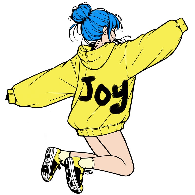 realistic girl jumping with a bun and oversized sweatshirt